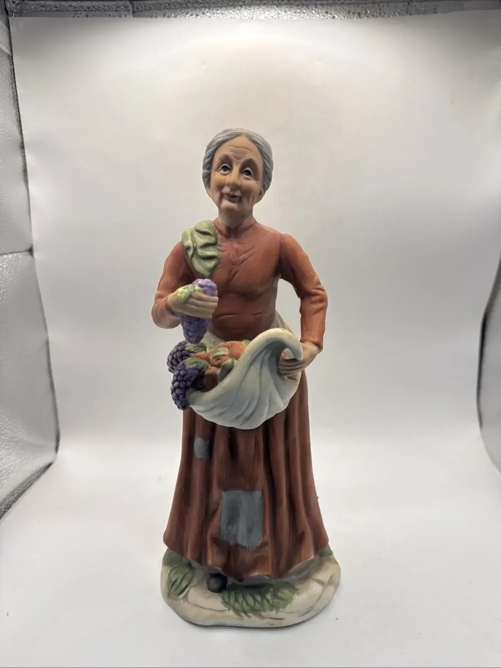 Vintage Frankel Porcelain Old Woman Figurine w/ Fruit Grapes Cornucopia Taiwan *